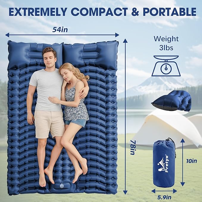 Double Sleeping Pad for Camping - Ultralight Air Mattress with Pillows, Built-in Foot Pump, Compact Inflatable 2-Person Portable Mat for Backpacking, Hiking, Tent, Car Travel, Beach，Road Trip