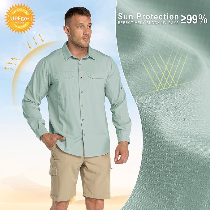 33,000ft Men's Long Sleeve Hiking Shirts Lightweight Quick Dry Sun Protection UV UPF 50 Fishing Shirt Outdoor Safari Travel