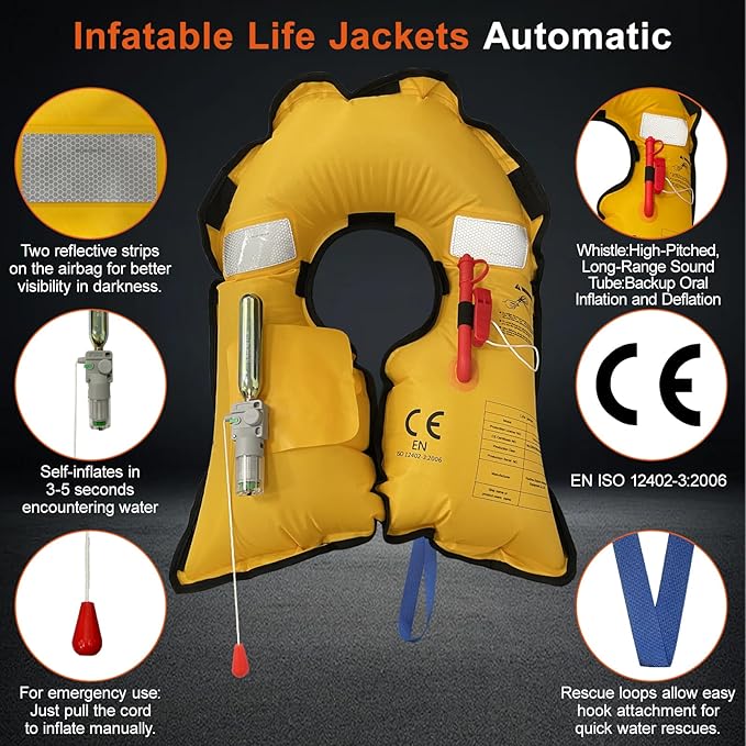 Automatic Inflatable Life Jacket | Inflatable PFD Jackets for Adults|Kayak Life Vest | for Outdoor Water Sports | Fishing Sailing | Jet Skiing | Supports up to 330 lbs