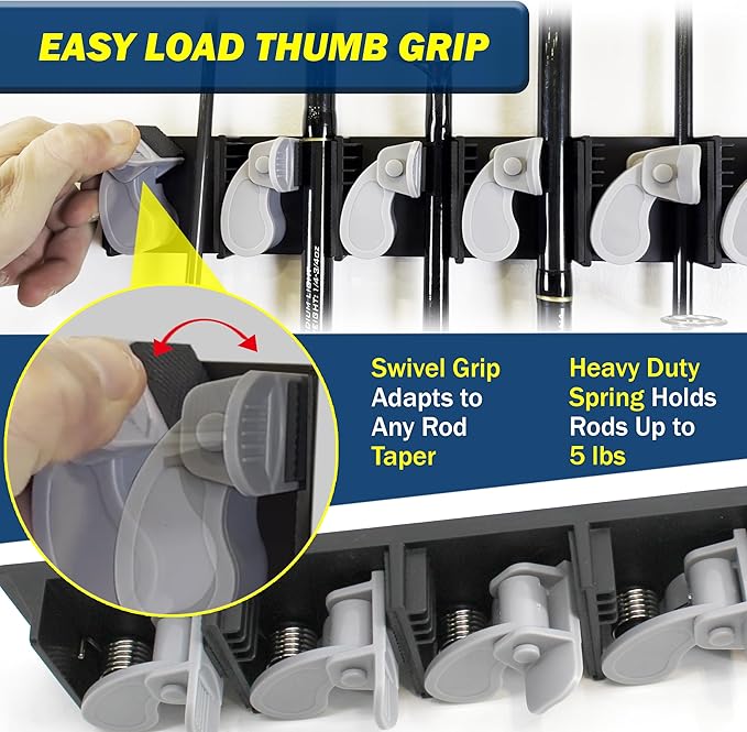 Rush Creek Creations 6-Rod Vertical Fishing Rod Holder for Garage, Heavy-Duty ABS Plastic Wall Mount Fishing Rod Rack, Securely Holds up to 6 Rods or Combos