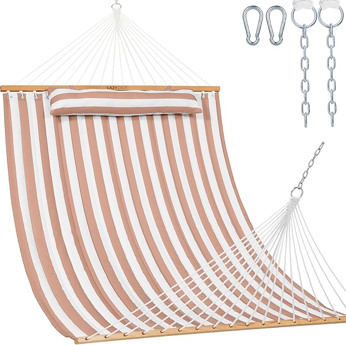 Lazy Daze 12 FT Quilted Double Hammock with Spreader Bar, 2-Person, Outdoor Hammock for Patio, Poolside, Backyard, Beach, 450 lbs Capacity, Beige White