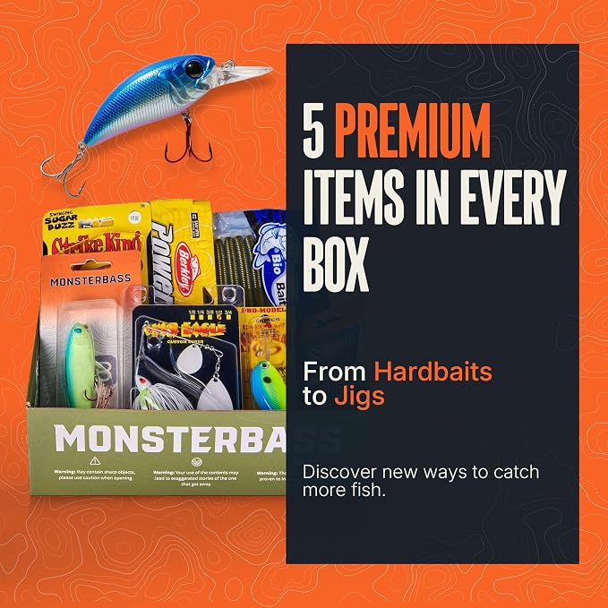 MONSTERBASS Fishing Mystery Box, Freshwater Bass Fishing Kit with 7+ Lures | Biggest Tackle Mystery Box with Premium Gear for Catching Smallmouth and Largemouth Bass on Every Fishing Trip
