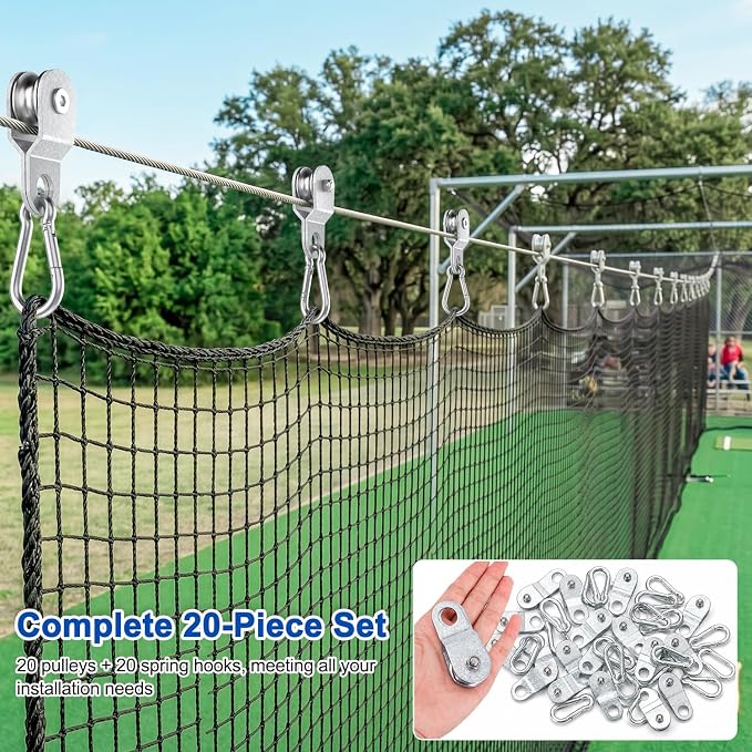10FT Batting Cage Cable & 30 Pulleys & 30 Spring Hooks Kit, Heavy Duty Retractable Batting Cage Netting Net Wire Tension Hanging Kit, Batting Cage Frame for Indoor & Backyard, DIY Baseball