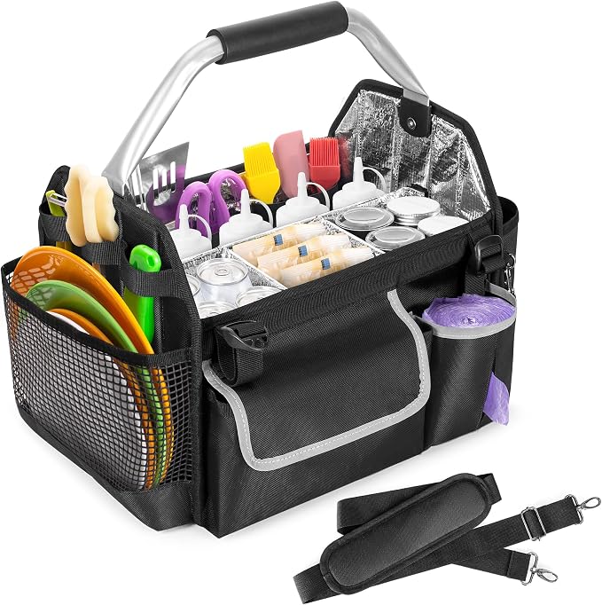 HODRANT Outdoor Grill Utensil Caddy, BBQ Tool Organizer with Divider & Support Pad for Tailgating Essentials, Picnic Storage Bag with Handle & Shoulder Strap for Camping Grill Accessories, Bag Only
