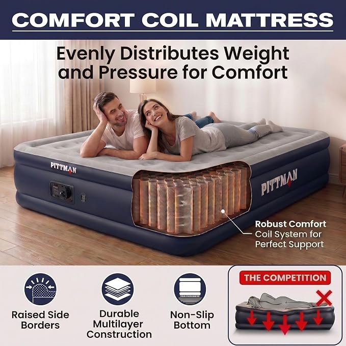 Pittman Outdoors Queen Air Mattress – 18” Black Double High, Queen Air Mattress with Built in Pump, 600lb Capacity, Portable Inflatable Bed with Carry Bag, Blow Up Mattress for Guests, Home & Travel