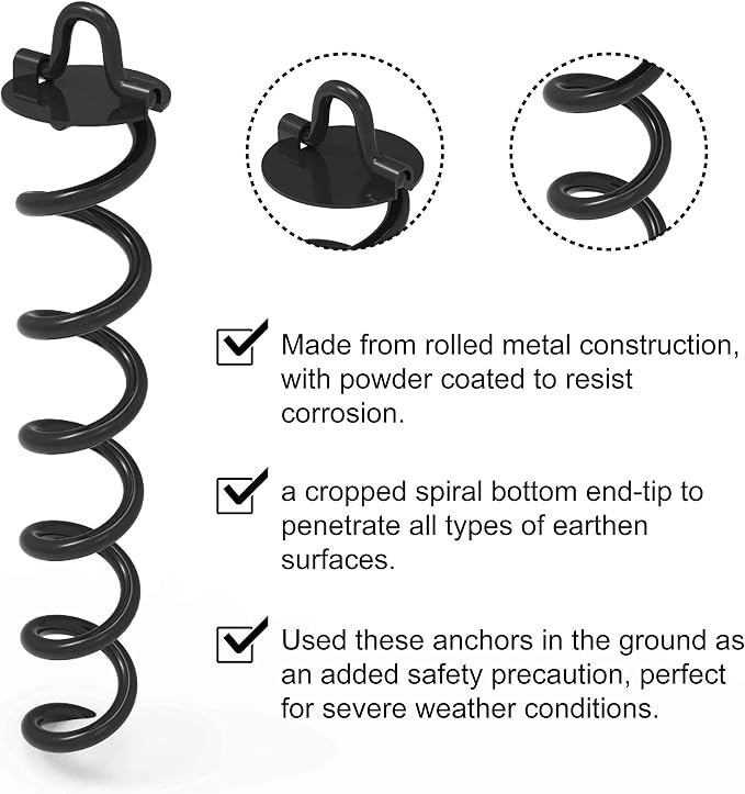 ABCCANOPY 10" Spiral Ground Anchor with Straps for Anchor Swings Set Down, Tent (Black)