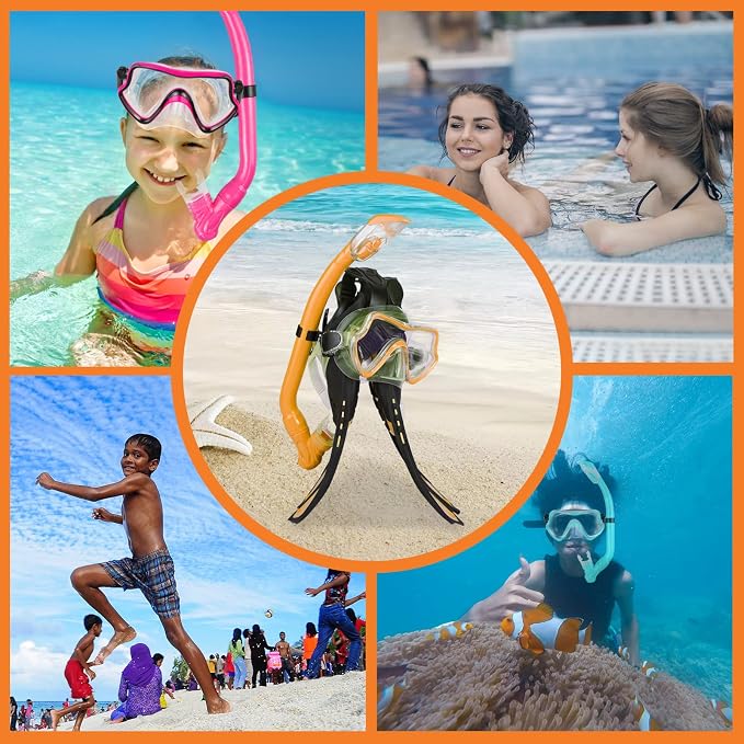 Kids Snorkeling Set - Adjustable Flippers + Panoramic Snorkel Mask + Dry Snorkel Tube + Travel Bags - Suitable for Kids & Juniors, Age 5-14
