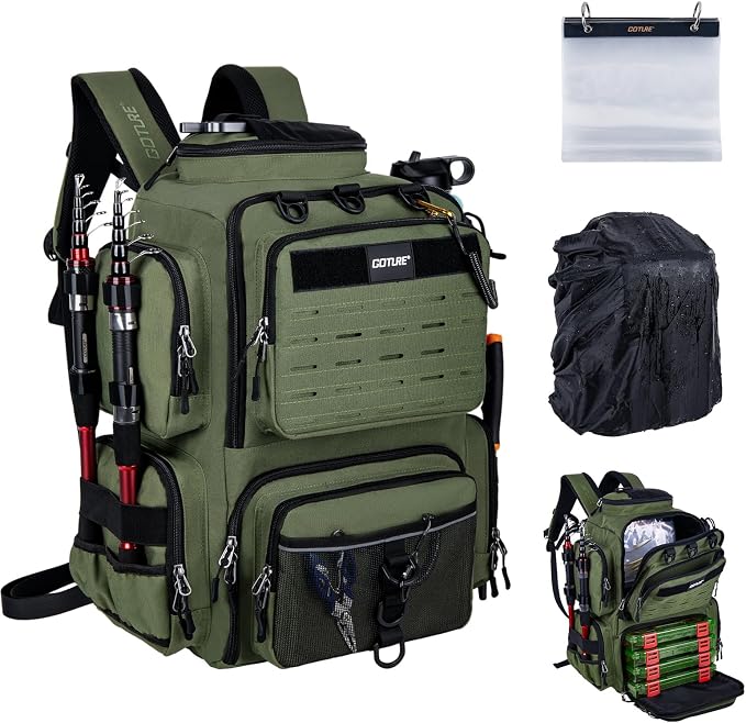 Goture Fishing Backpack,900D Water-Resistant Tackle Backpack with Rod Holders, SBS Zippers,45L Large Fishing Bag Storage Gear Tackle Bag with Rain Cover, Bottle Holder for Travel Camping Hiking