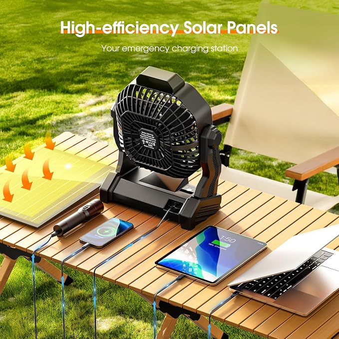 Solar Powered Fan,【Max 60H Runtime】Rechargeable Solar Camping Fans & Led Lantern,8-inch Portable Fan with Solar Panel,Battery Operated Powered Outdoor Tent Fans for Camping Essentials Accessories