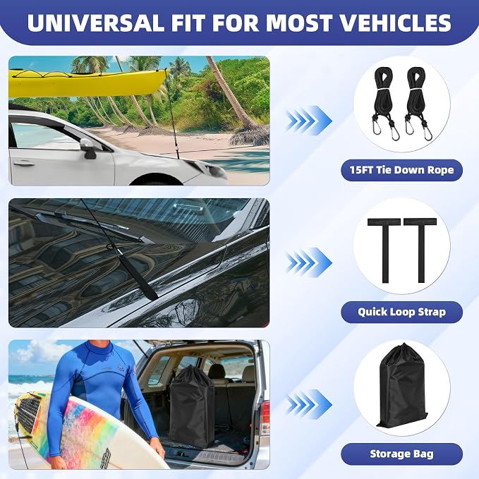 Universal Soft Roof Racks for Kayak, Car Roof Racks System for Surfboard Paddle Board, Heavy-Duty Surf Car Rack with 8 Tie-Down Straps 15FT, 2 Tie-Down Ropes, 2 Quick Loop Straps, Widely Compatible