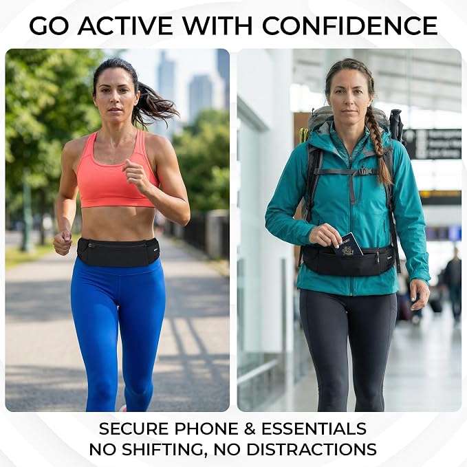 The Belt of Orion Slim Running Belt for Men & Women – No-Bounce Waist Pack with 3 Zippered Pockets, Adjustable Phone & Money Belt for Running, Workouts, Hiking (9” × 3.5”)