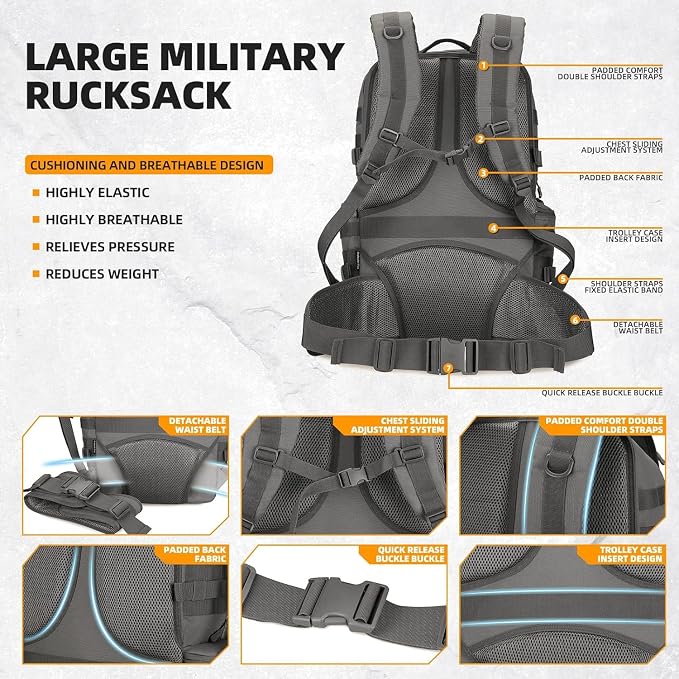 50L Military Tactical Backpack 3 Day Assault Pack Molle Daypack Hiking Backpack for Men and Women