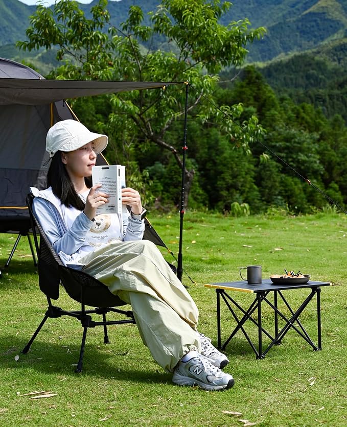 iClimb Ultralight Compact Camping Folding Beach Chair with Anti-Sinking Large Feet and Back Support Webbing (Black Grid- Square Frame)