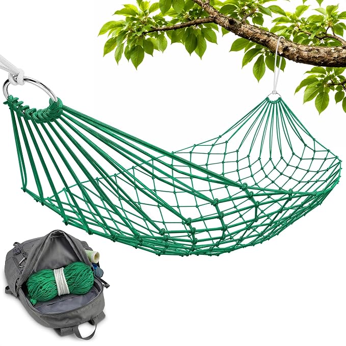 Mesh Hammock - Loop & Lounge Between Two Trees, Rope Hammocks for Outside Camping - No Stand Needed, 220 lb Capacity, Lightweight 13 oz Nylon Net Bed for Backyard Garden Patio Beach Travel, Green