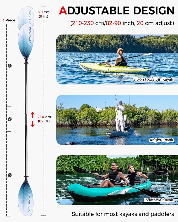 Kayak Paddle Carbon Fiber Shaft and Reinforced Nylon Blade, Adjustable Kayaking Oars, 3 Piece, 230-250 cm/90-98 Inches,210-230 cm/82-90 inches
