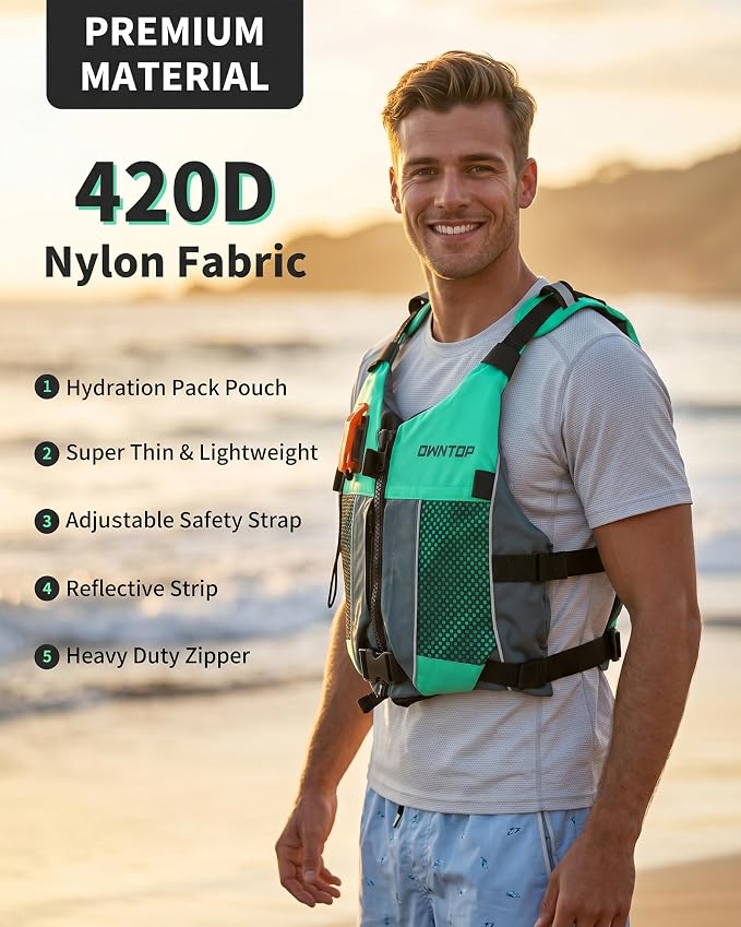 Owntop Swim Jacket Adult Youth | Hydration Pack | Dual Mesh Pockets | Attached Whistle | Ultra-Thin for Freer Movement | Kayak, Boating, Fishing, All Watersports