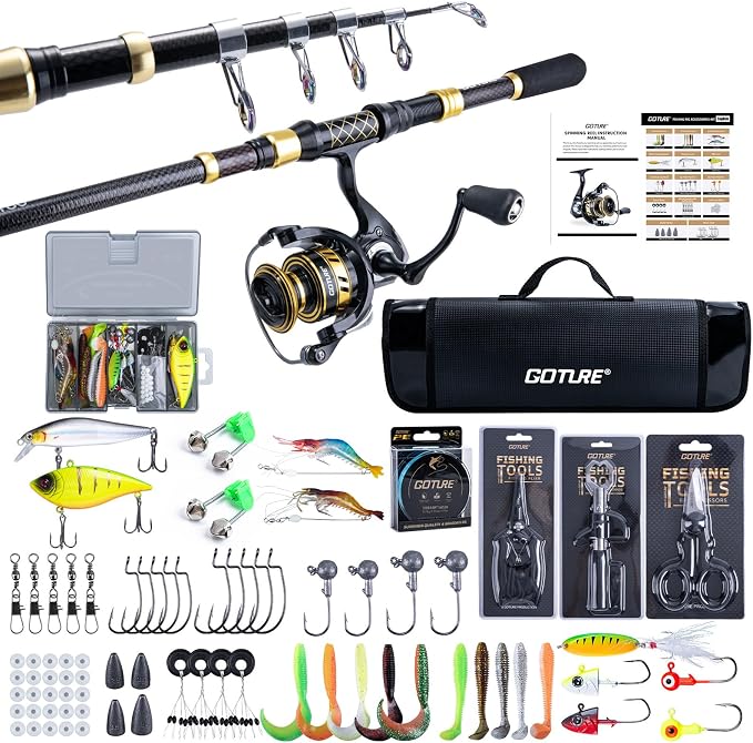 Goture Telescopic Fishing Rod and Reel Combo with Carrier Bag,1.8M-2.7M | Carbon Fiber Pole,5.2:1 Spinning Reel,Line,Pliers,Fish Gripper,Scissors,Lures Set, for Starter Travel Saltwater Freshwater