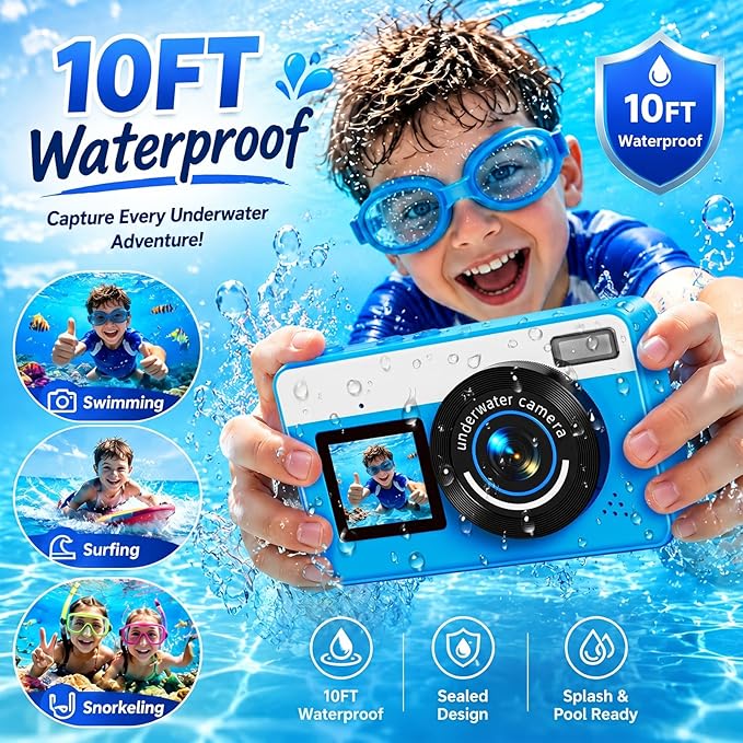 Maxmango D70 Underwater Camera, 10FT Waterproof Digital Camera for Pool & Beach, 4K 48MP Teens Underwater Cam with Dual Screens, Autofocus, 18X Zoom, Floating Camera for Boys Girls Blue(16GB)