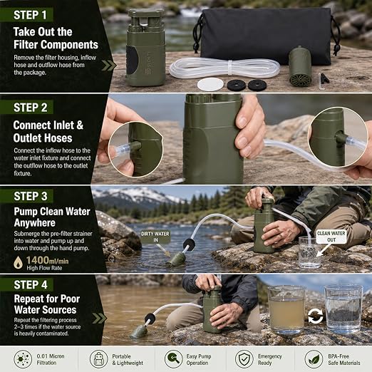 Hand Pump Water Filter, 0.01 Micron Portable Emergency Water Gear, 4-Stage Filtration System for Camping, Hiking, Fishing, Hunting & Outdoor Adventure