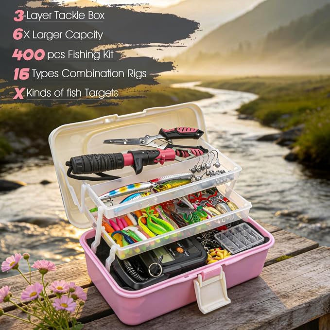 THKFISH 400PCS Fishing Lures Accessories Kit with Large 3-Layer Tackle Box Complete Freshwater Bass Fishing Gear Tools Set with Pliers, Fish Scale, Spinner bait, Hooks, Weights Sinkers, Gift for Women