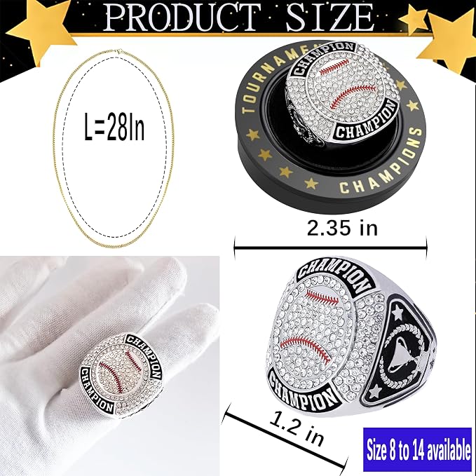 12 Pcs Baseball Ring Softball Baseball Championship Ring Sport Ball Trophy Award Gift with Display Neck Chain and Stand for Tournament or League Champion Winner