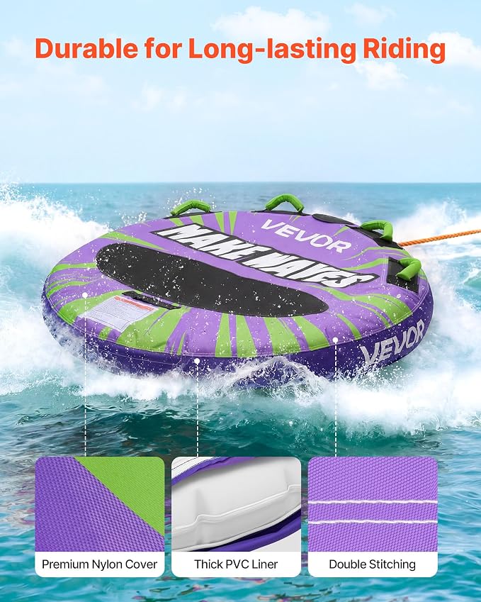 VEVOR Towable Tubes for Boating, 1-4 Riders Inflatable Boat Tubes & Towables, 340-680 lbs Capacity, Multiple Sizes with Full Nylon Cover, Padded/EVA Handles, Fins & Safety Valve (Multi-Option)