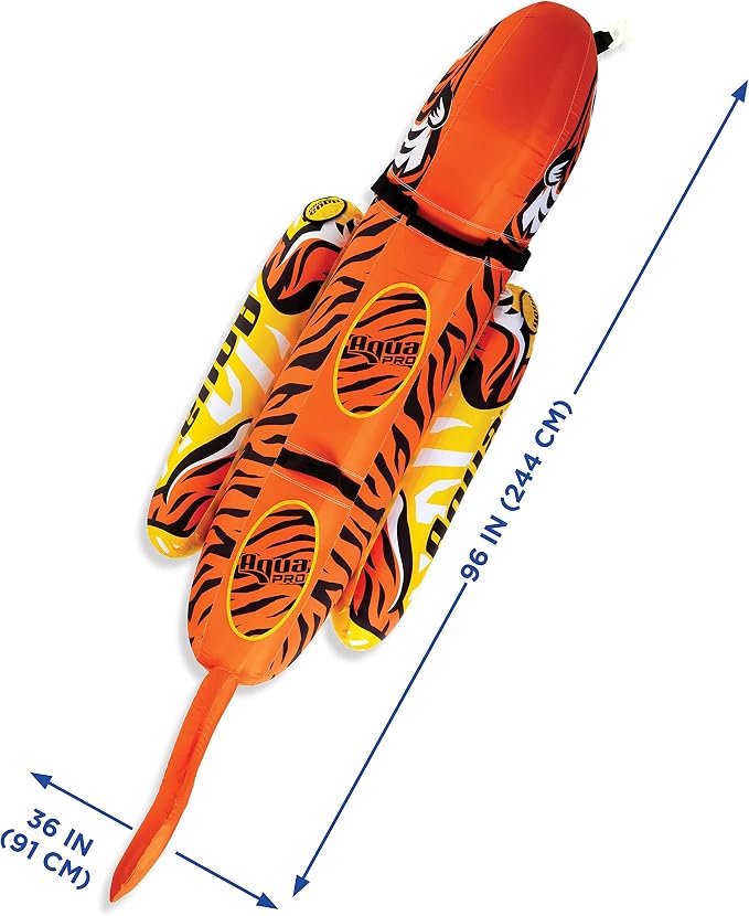Aqua Pro Giant Towable Tiger Tube, 1-2 Riders, Double-Pontoon Inflatable Tiger Boat Tube, Orange/Yellow