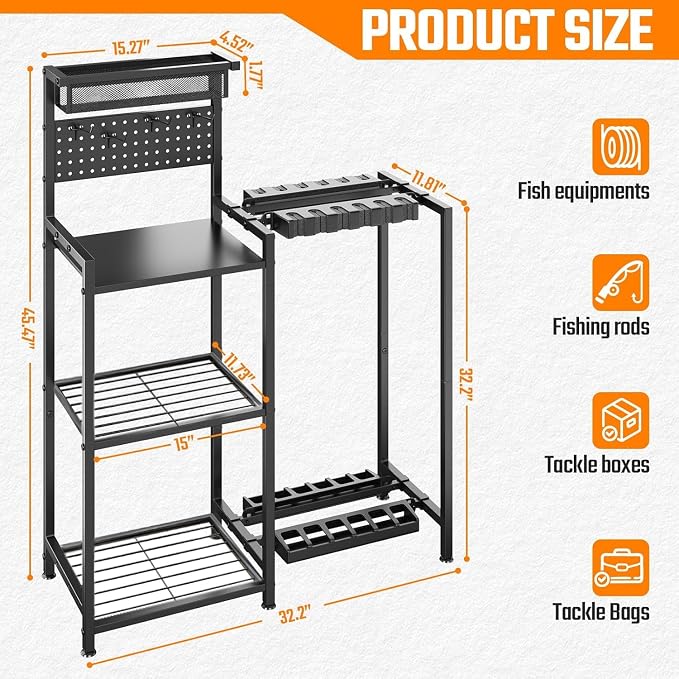 Fishing Rod Holders for Garage, Fishing Pole Holder with 3 Tier shelf, Heavy Duty Fishing Pole Rack with Pegboard & Basket, Fishing Rod Rack Hold up to 12 Fishing Rods, Ideal Fishing Gifts, Black