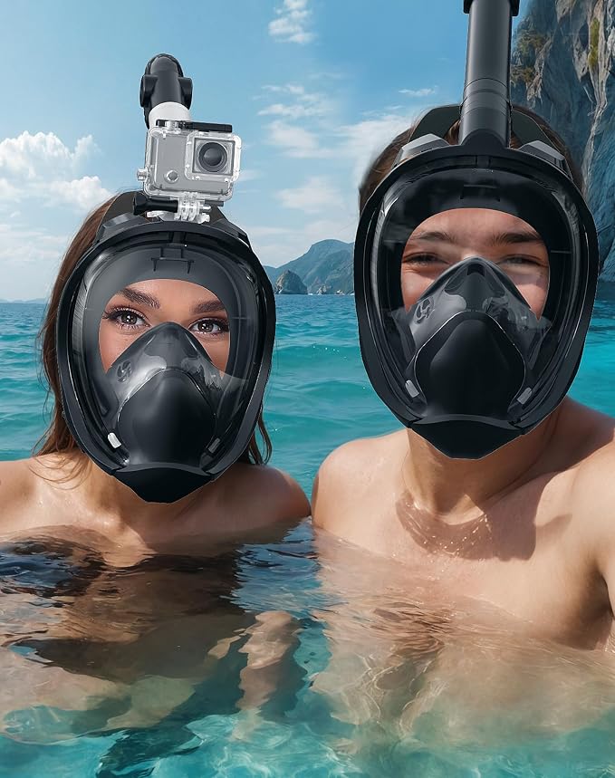 Full Face Snorkel Mask for Adults, 180° Panoramic Anti-Fog Snorkeling Gear with Dry Top System & Camera Mount, Foldable Anti-Leak Design for Travel, Swimming & Ocean Snorkeling