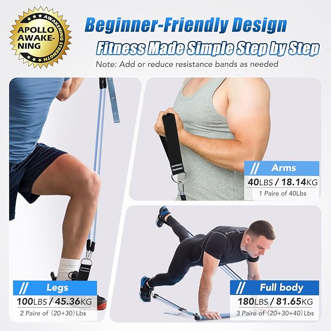 Upgraded Pilates Bar Kit with Resistance Bands Natural Latex for Women & Men, Heavy-Duty Stainless Steel Multifunctional Yoga Pilates Stick for Home Gym Exercise Fitness Equipment Full-Body Workouts