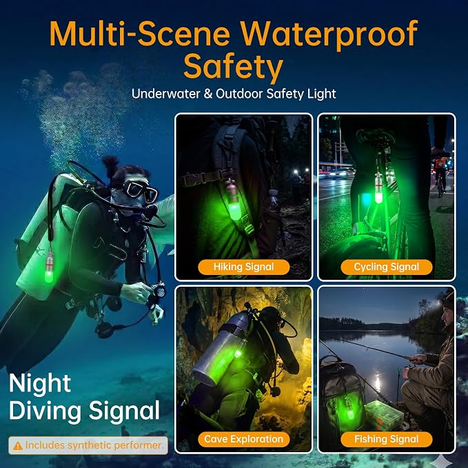 SecurityIng 4-Pack Dive Marker Light, 150m Waterproof Mini Scuba Tank Light, Steady & Flash Modes,AAA Battery Included, LED Diving Signal Light for Night Diving Camping Cave Adventure-Green