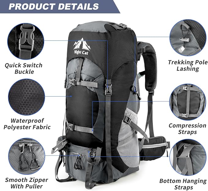 Night Cat Hiking Backpacks 70L Camping Backpacking Packs for Men Women Lightweight Outdoor for Mountaineering Traveling, No Internal Frame