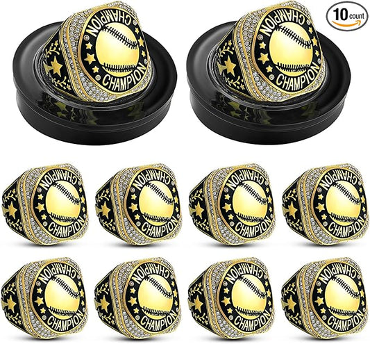 Highergo 10 Pcs Basketball Softball Baseball MVP Dancer Champion Trophy Ring with Display Stand Star Football Soccer Volleyball Golf Cheerleading Bowling Track Field