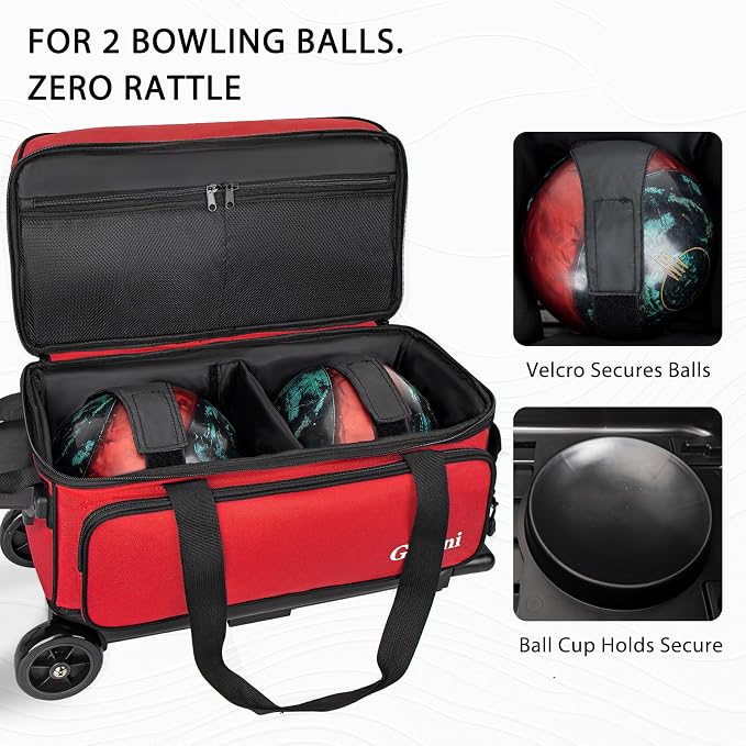 Goloni Double Roller 2 Ball Bowling Bag with Separate Shoe Compartment,2 Ball Bowling Bag with Wheels,Retractable Handle Extends to 40"