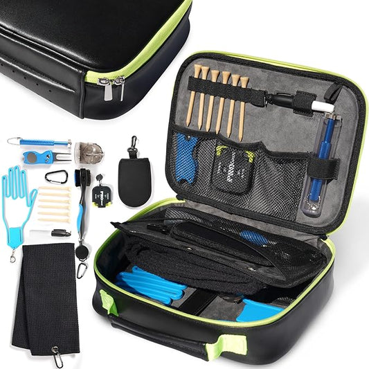 GAIARENA Golf Essential Accessories Kit with Luxury Carrying Case Bag, Golf Gift for Golfers, Golf Ball Liner Towel Cleaning Brush Divot Repair Tool Club Groove Sharpener