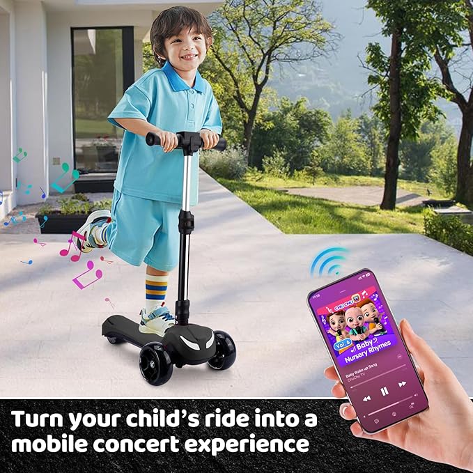 Electric Scooter for Kids w/150W Powerful Motor, Thumb Throttle, LCD Screen, Bluetooth, Light-Up Stem Deck & Wheels, 3 Adjustable Heights, 5MPH Safe Speed, 3 Wheel Electric Scooter for Kids
