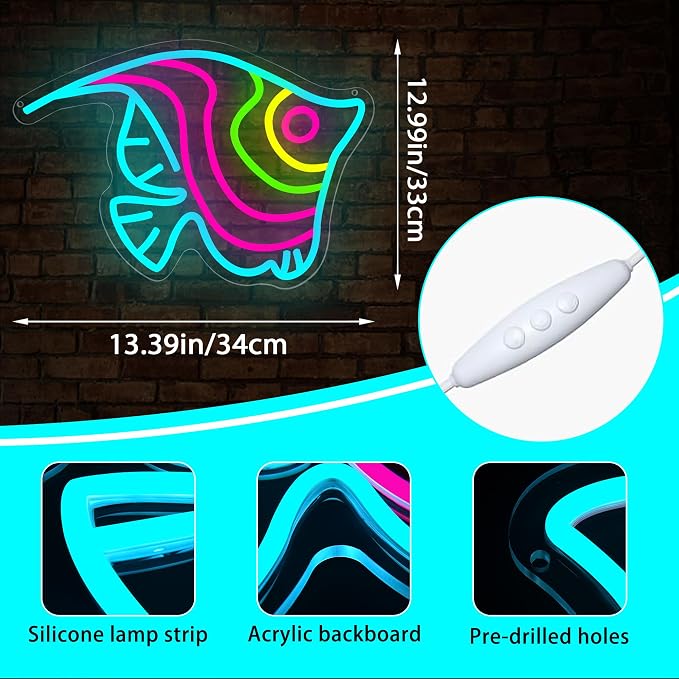Butterfly Fish Neon Sign for Wall decor Fishing Neon light for Man Cave | Dimmable Neon,Fisherman Birthday Fish Gifts,Led 5V USB Powered,Fishbowl,Fish Room Decor,Business Shop Wall Art,12.9*13.3in