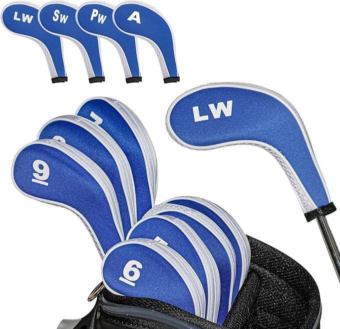 Golf Club 12pcs Thick Synthetic Zipper Long Neck Set Headcover Fit The Most Brands, Side Number Golf Iron Club Head Cover LW SW PW Covers #3,4,5,6,7,8,9