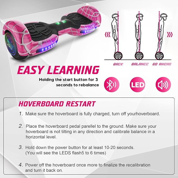 Spider-Pattern Hover Board for Kids Ages 6-12, with Bluetooth Speaker and LED Lights 6.5" Hover Board, UL2272 Safety Certified (Pink)