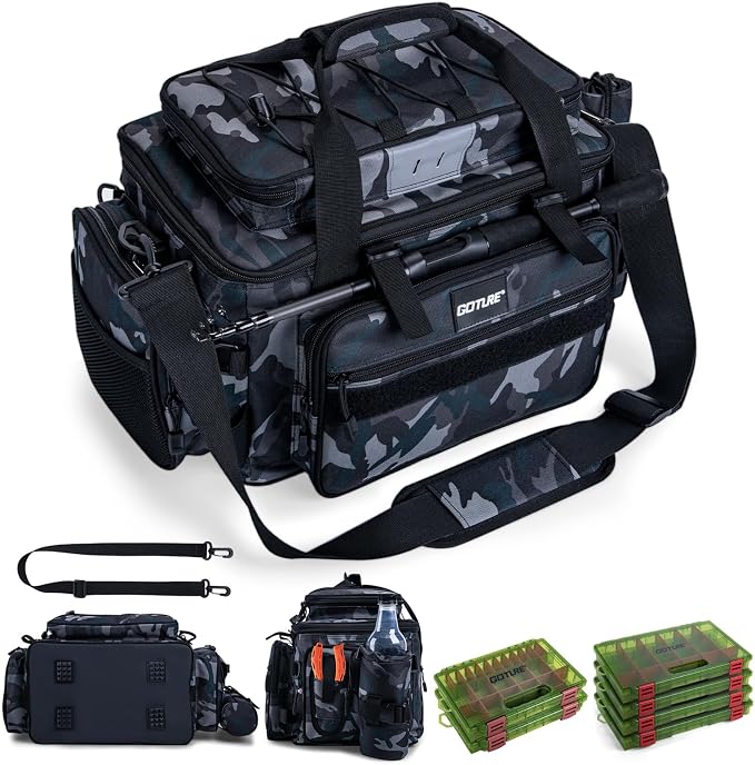 Goture Fishing Tackle Bag with 4PCS 3700 & 2PCS 3600 Tackle Boxes | 600D Water-Resistant, Rod Straps, Detachable Bottle Pouch,Waterproof Bottom, Freshwater & Saltwater Gear Storage Fishing Bag