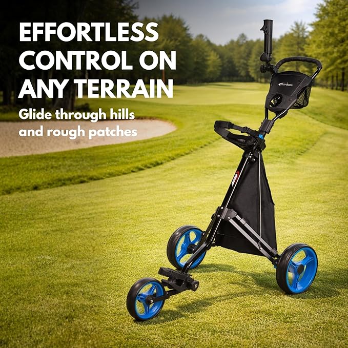 PRECISE Cruiser 3-Wheel Golf Push Cart with Foot Brake & Stabilizer Rods – Folding Golf Trolley, Ergonomic Handle, Detachable Storage Bag, Scorecard & Cup Holder
