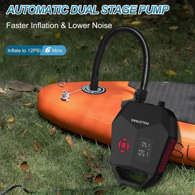 Polotrag Paddle Board Pump, SUP Pump Electric Portable with Auto-Off/Deflation, Dual Stage 12V DC Car Connector Air Pump for Inflatables, Kayak and Air Mattress
