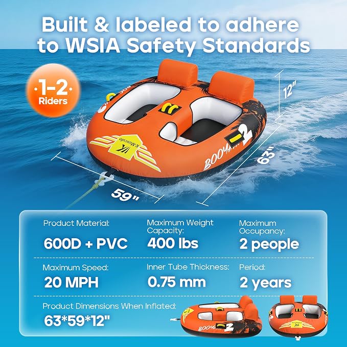 K-Musculo Towable Tubes for Boating - 2-3 Person Boat Tubes & Towables, EVA Foam Pads, Drainage, Super Safe Handle, Quick Connector