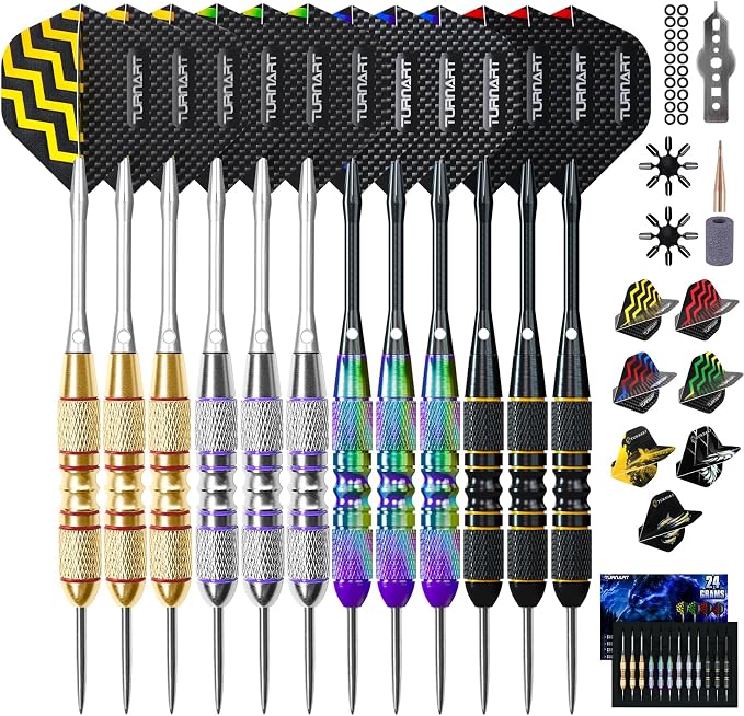 Turnart Darts Metal Tip Set - Steel Tip Darts Darts Set Professional Metal Darts 12 pcs 22/24 Grams Pro Dart Set with Stylish Case Aluminum Shafts Extra 9 Flights