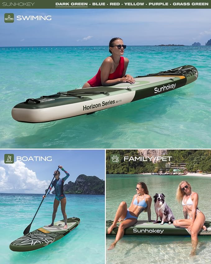 11'×34'' Extra Wide Inflatable Paddle Board with Seam Welded Technology, Stand Up Paddle Board, 420lb Capacity for Adults, Sup Board for All-Level with 2-Blade Paddle/Dual-Action Pump/Leash