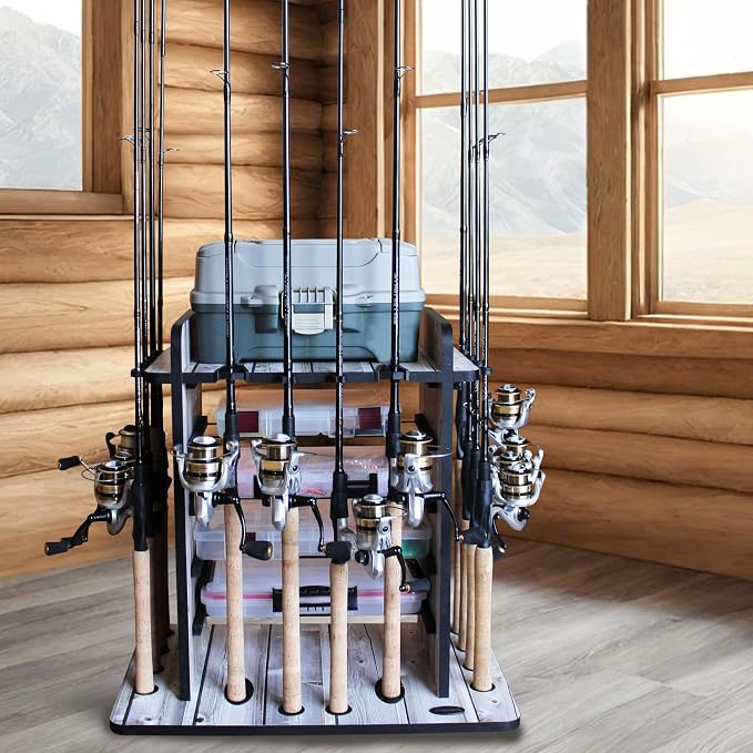 Rush Creek Creations Fishing Rod Holder for 14 Saltwater/Freshwater Rods, Fishing Pole Holder w/ up to 4 Fishing Gear Tackle Box Storage for Garage Organization/Boat Storage for Fishing Accessories | Fishing Pole Holder
