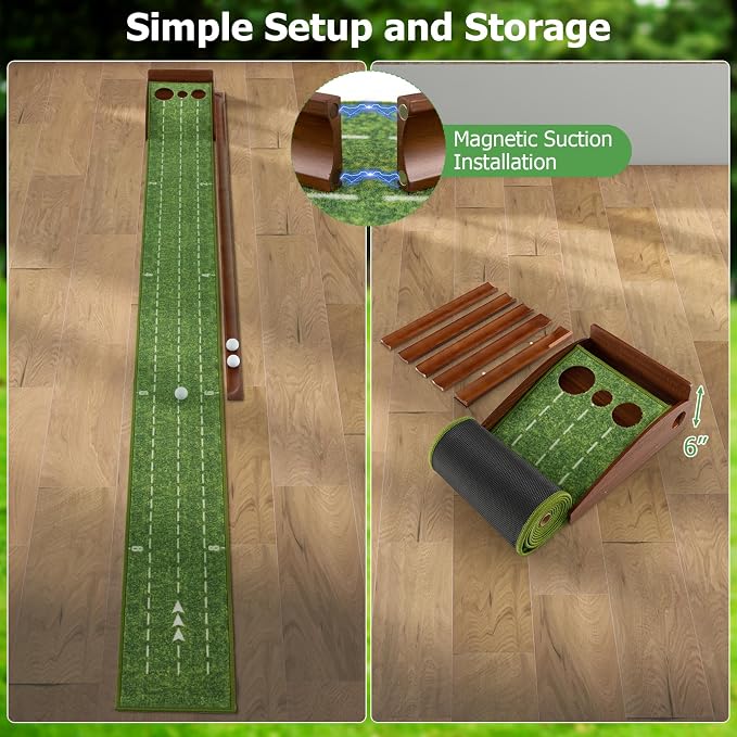 GYMAX Putting Mat, Golf Putting Green Indoor with 2/3 Hole, Golf Practice Mat with Auto Ball Return, Golf Training Aid Putter Alignment for Home Office, Golf Accessories Gift