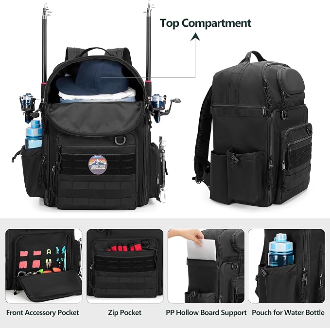 Rexmica 35L Fishing Tackle Backpack Bag with Cooler, Fishing Rod Bag Holds 2 Rods & Reels for Tackle Boxes or Other Fishing Gear, Fishing Pole Backpack, Black