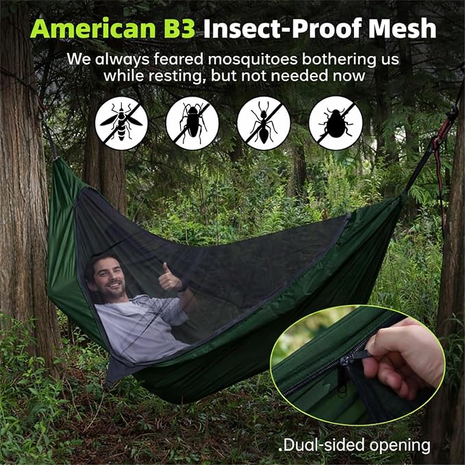 Camping Hammock with Mosquito Net, 2 Person Hammock Bug Net, Portable, Parachute Nylon for Outdoor, Camping, Hiking, Backpacking, Backyard, Beach, Travel (Hold Up to 500lbs) (Forest Green)