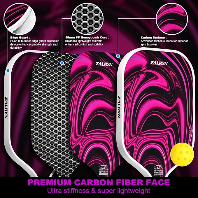 Pickleball Paddles Set of 2, USAPA Approved, Carbon Fiber Surface, Polymer Honeycomb Core, 16mm Lightweight Rackets with 4 Pickleballs, 2 Grip Tapes & Carry Bag for Beginners